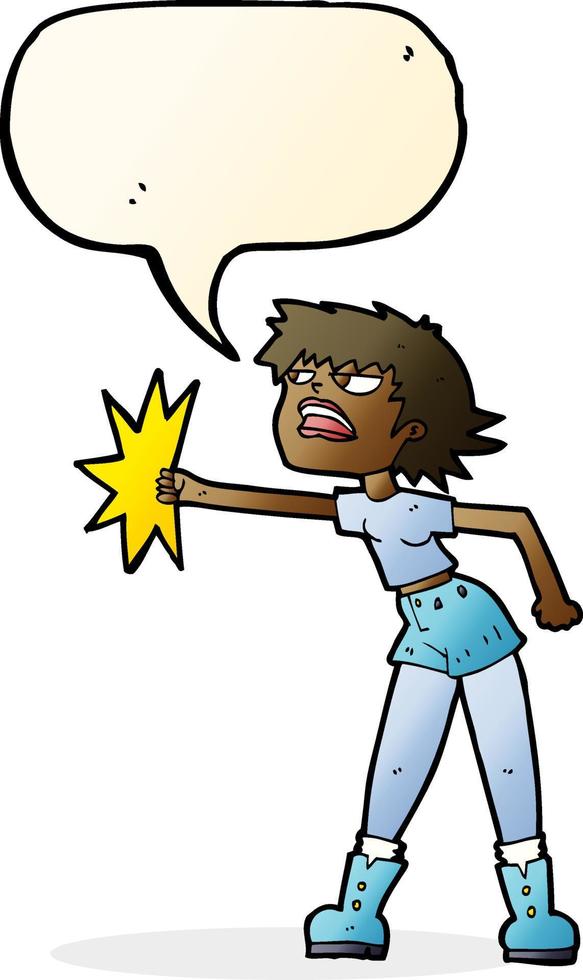 cartoon woman punching with speech bubble vector