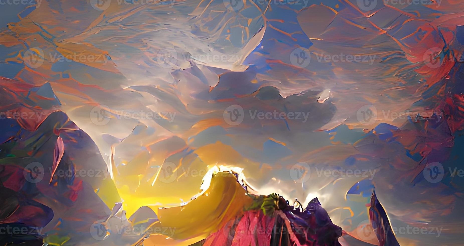 Red sunset over double level mountains illusion vector illustration. Colorful fantasy digital art for background, wallpaper, text, cover, card, brochure, banner, web design, poster, etc. photo