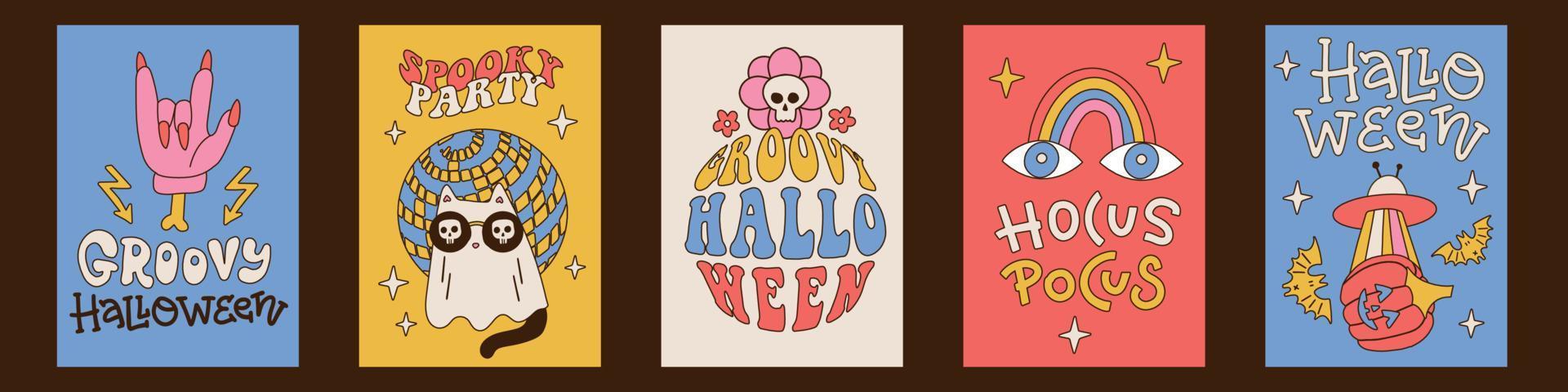 Retro Halloween cards set in 70s-80s style witj lettering and font text. Banner for spooky party. Groovy greeting card. Wall art poster backgrounds. Vector linear hand drawn illustration. A4 size