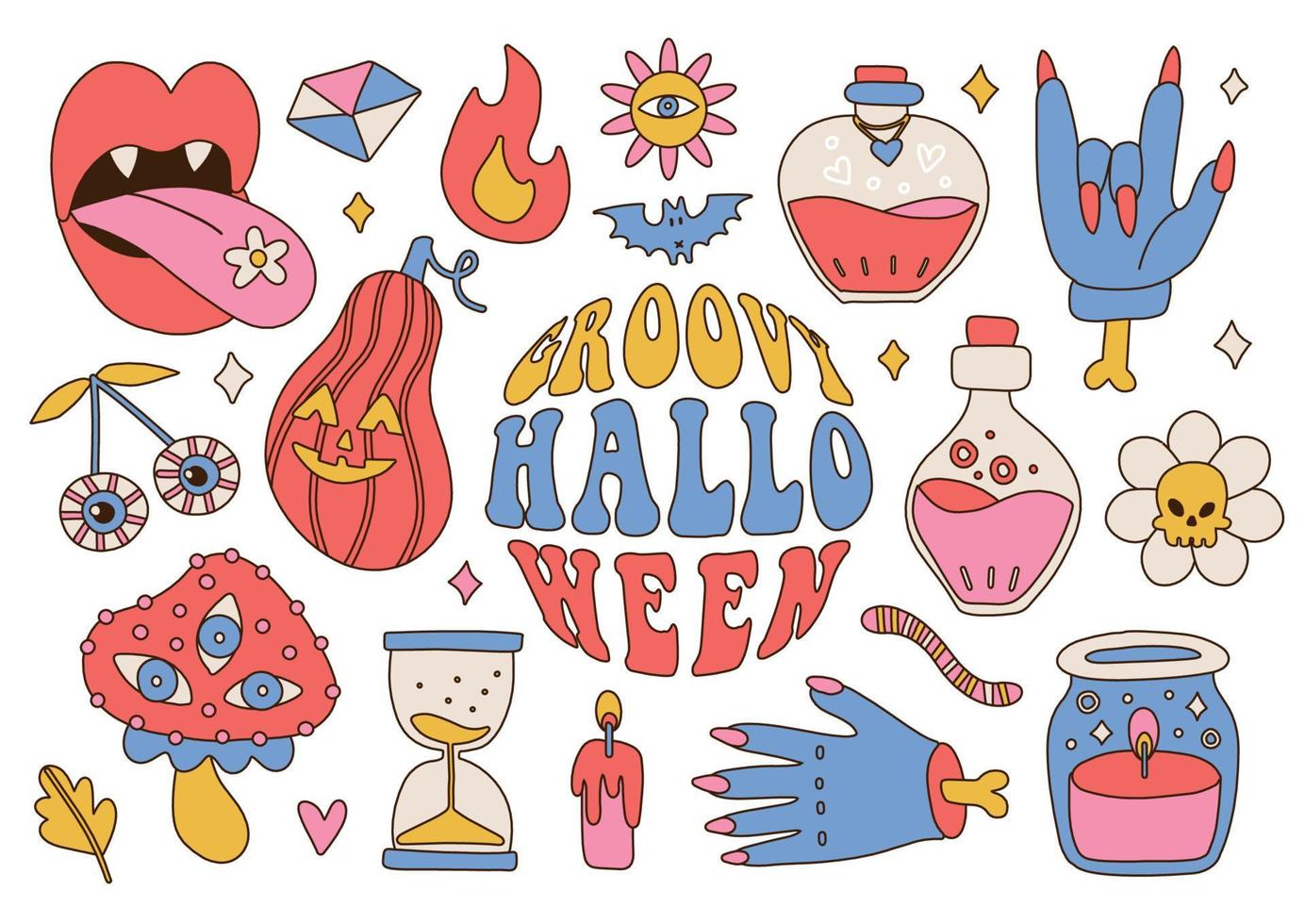 Groovy Retro 70s Halloween big set of spooky elements. Psychedelic scary stickers. Hippie style holiday. Zombie arm, pumpkin, potion, mushroom, bat, daisy. Vector hand drawn illustration.