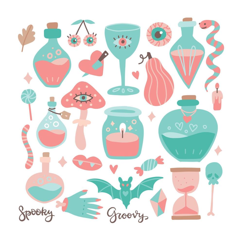 Big set of magical, wizard icons, characters and items for cute halloween design. Vector flat hand drawn illustration.