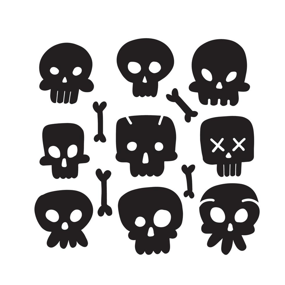 Hand drawn simple black Skull icon set for hallowen desigh. Funny muzzles. vector