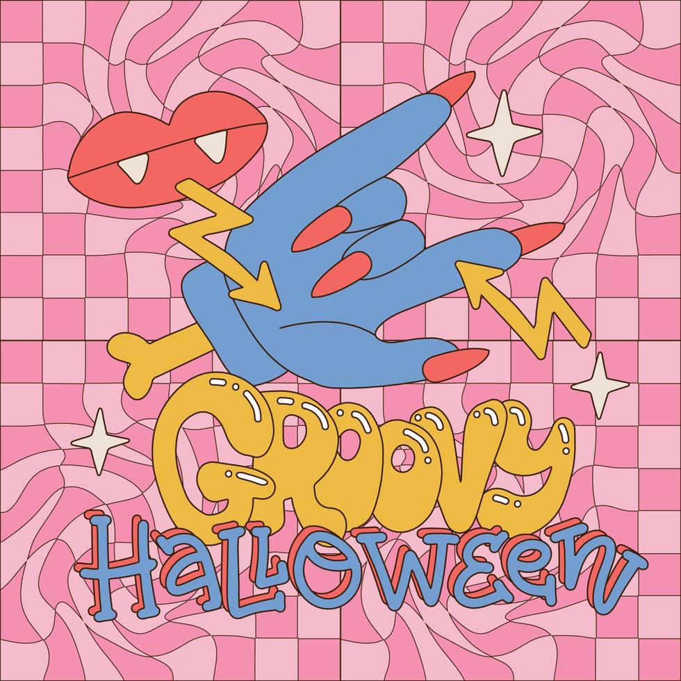 Groovy halloween greeting card or Poster Spooky Party for Halloween Holiday zombie Hand gesturing Rock sign. Disco banner with hand drawn lettering. Vector illustration.