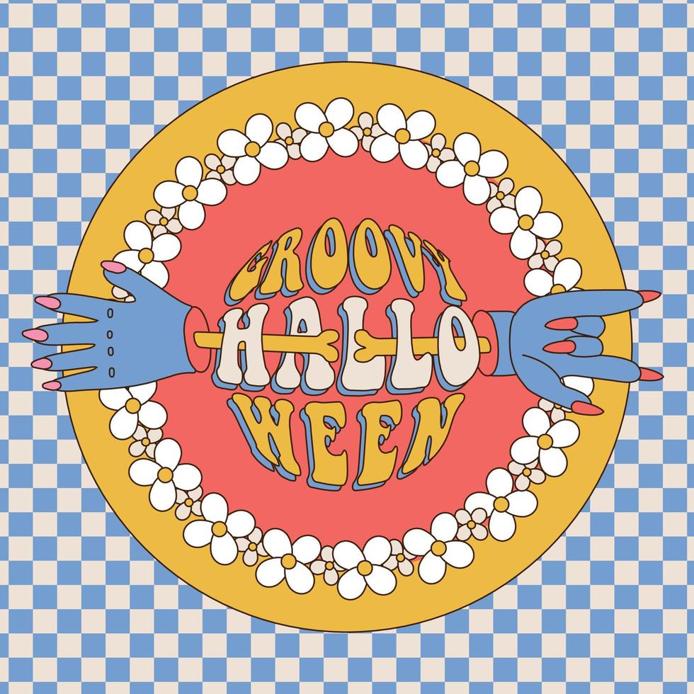 Groovy Halloween - 70s style greeting card or banner with round typography text with daisy hippie wreath and severed zombie hands on checkered background. Vector spooky illustration.