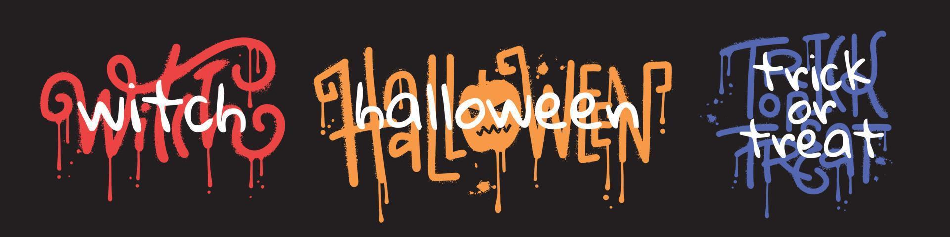 Cool set of Urban typography street art graffiti arts. halloween, Trick or treat and Withc - slogans with spray splash effect. Halloween party concept.1980s-1990s vintage style. Vector design.