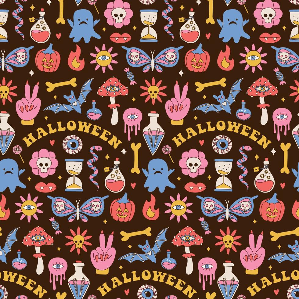 Colorful seamless pattern with mushrooms, ghost, pumpkin and magic potion. Groovy hippie Halloween Retro 60s, 70s style background. Psychedelic textile, fabric and wrapping paper. Vector illustration.