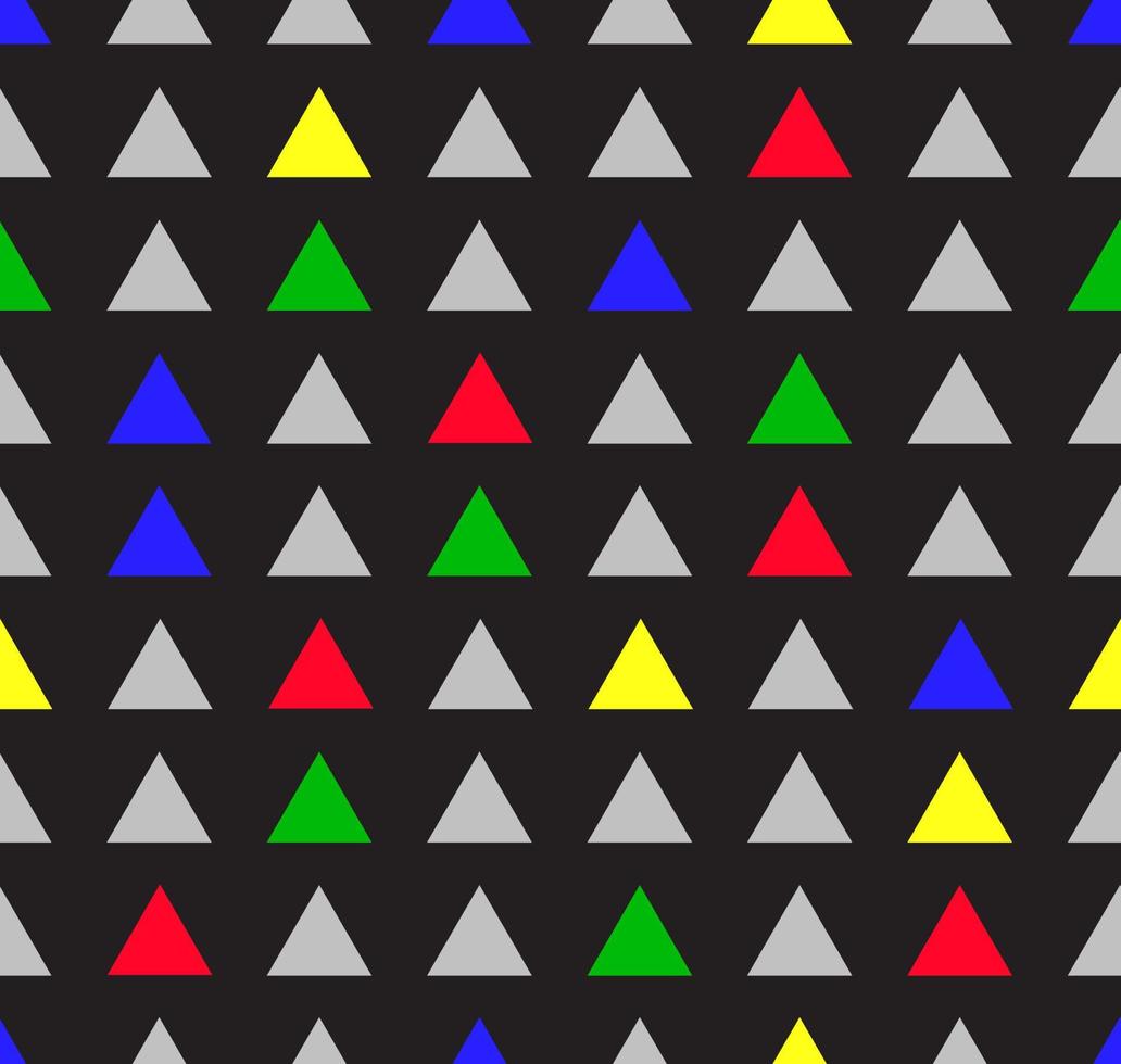 las formas geométricas triangulares están dispuestas en colores alternos y espaciadas uniformemente sobre un fondo negro. es un patrón sin fisuras. se puede utilizar como patrón para una alfombra o como patrón de la tela vector
