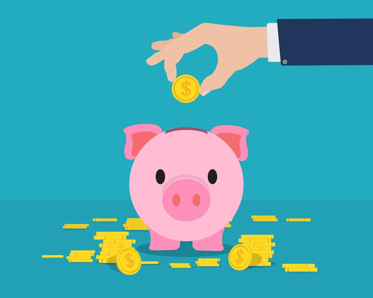 Business people keep money in pink pig piggy bank On the other side were gold coins. Save money for your business goals and dreams. blue background vector