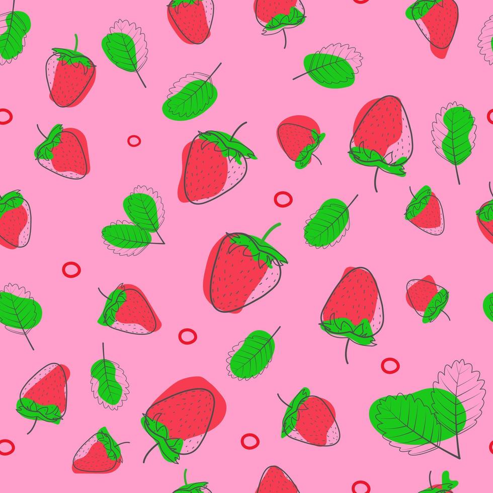 Draw a line Seamless pattern Strawberry consists of strawberry balls of various sizes. leaves of strawberry It is a red fruit. put on a pink background vector