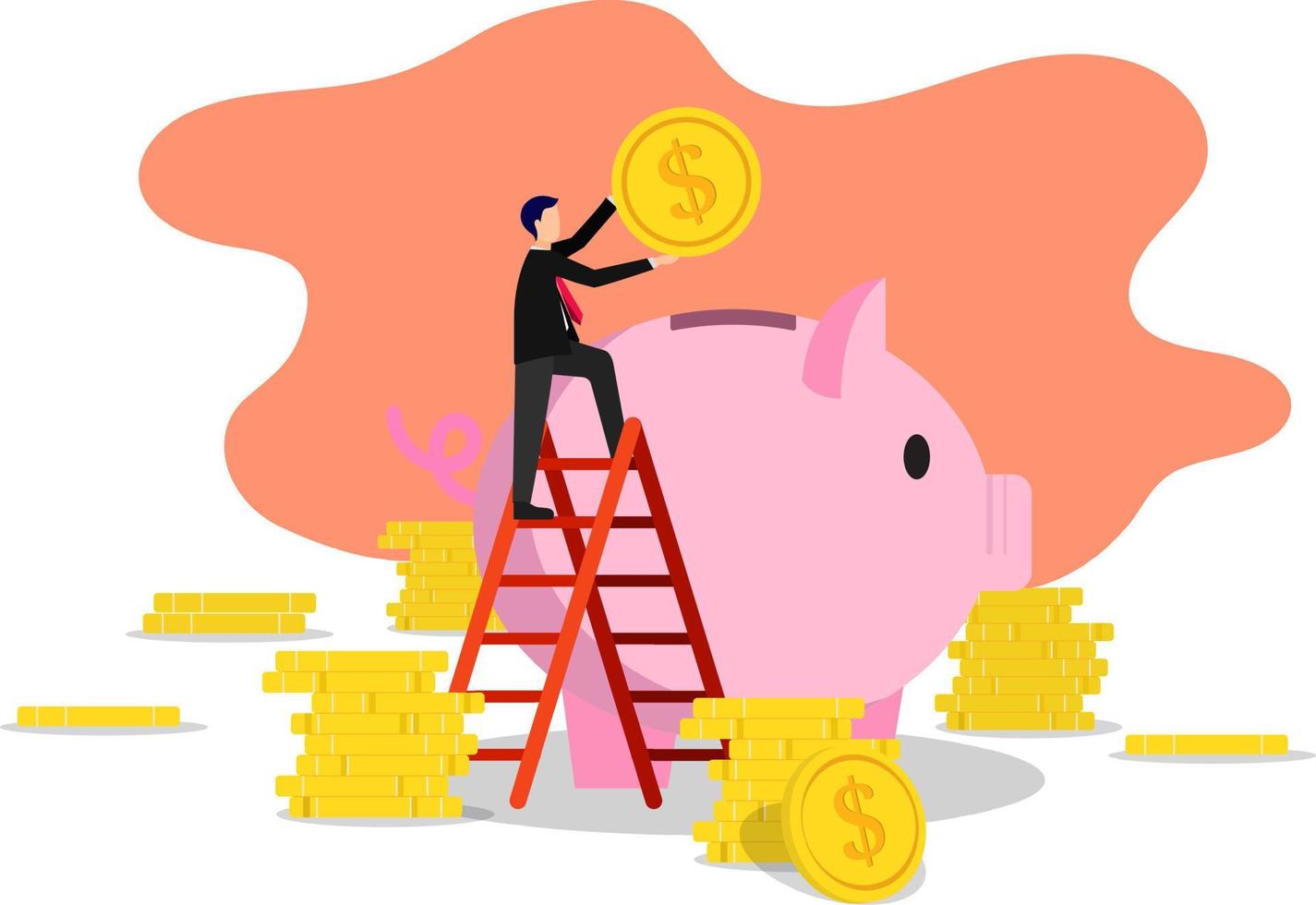 Businessman is climbing a ladder to collect money in a pink pig piggy bank, on the side, there are several stacks of coins. Businessmen collect money for the purpose of growing their businesses. vector