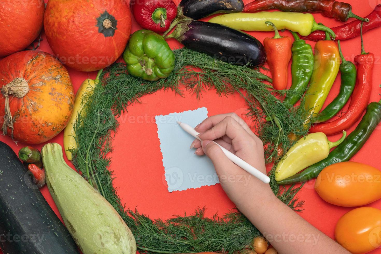 Vegetables are laid out around a sheet of paper and a pencil. Empty space for text. Female hand writing a recipe on a empty blank on a red background. photo