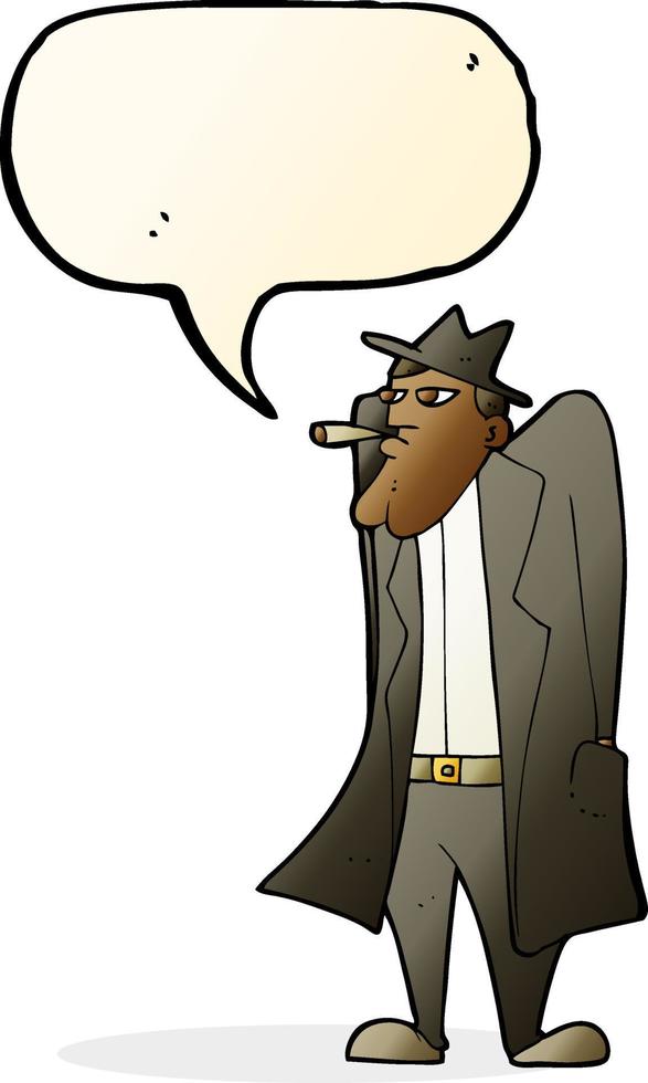 cartoon man in hat and trench coat with speech bubble vector