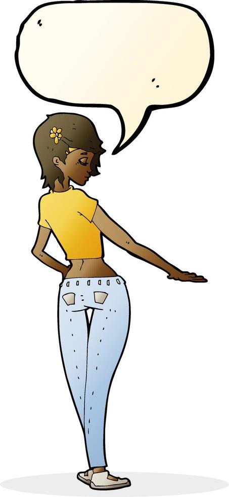 cartoon pretty girl in jeans and tee with speech bubble vector