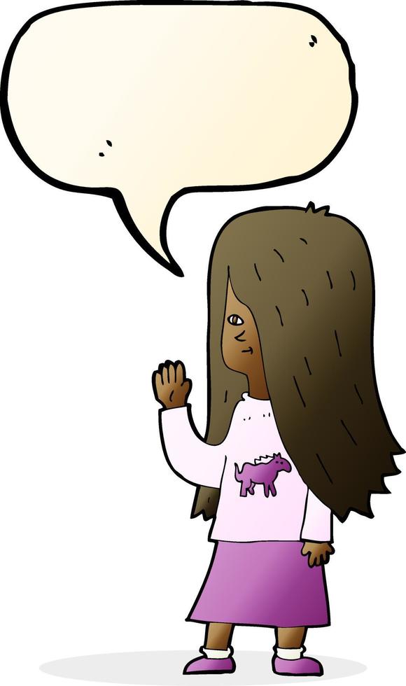 cartoon girl with pony shirt waving with speech bubble vector