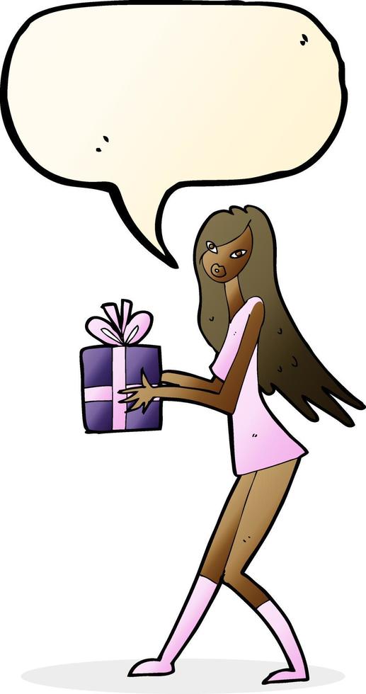 cartoon fashion girl with present with speech bubble vector