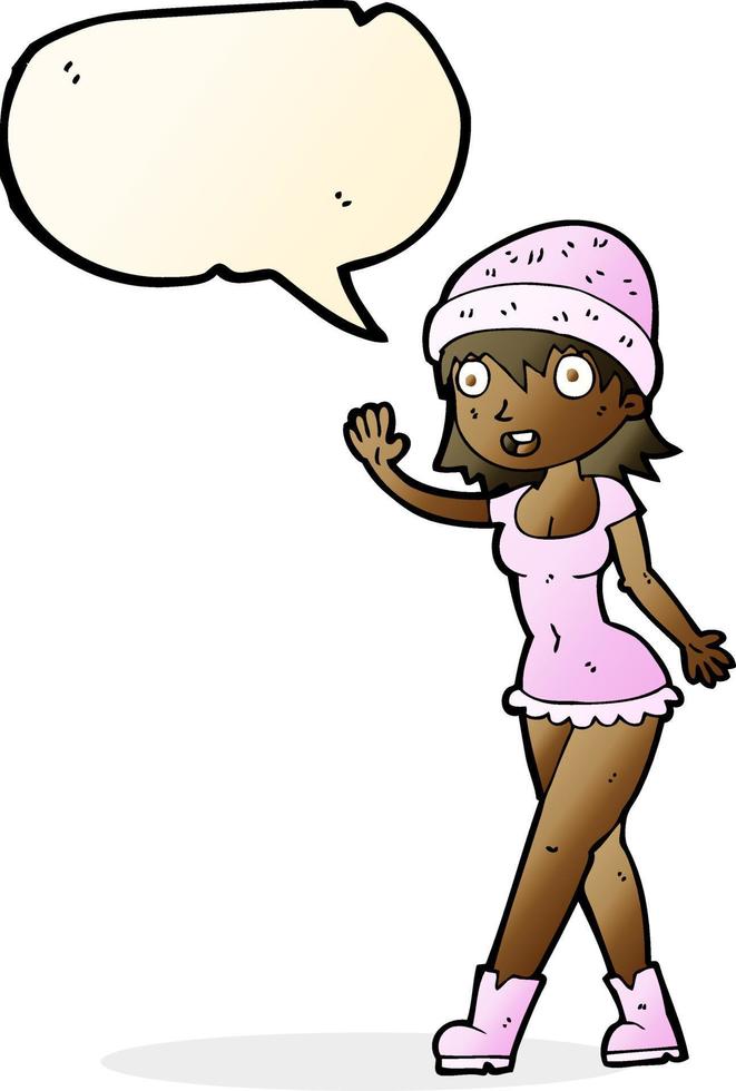 cartoon pretty girl in hat waving with speech bubble vector