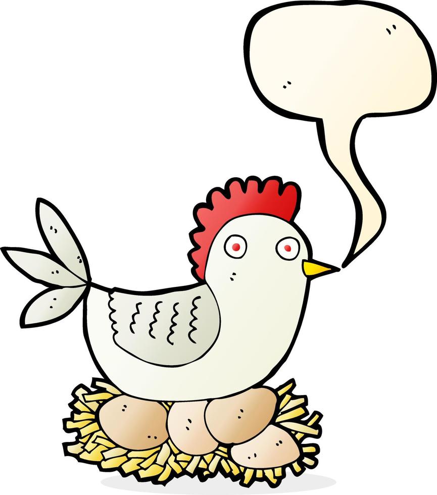 caricatura, gallina, en, huevos, con, burbuja del discurso vector