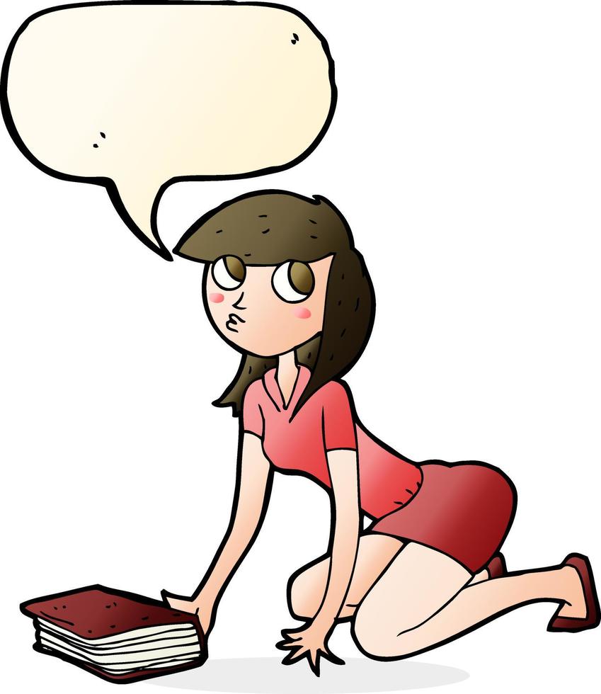 cartoon girl picking up book with speech bubble vector