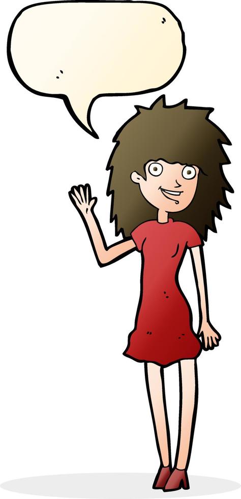 cartoon happy woman waving with speech bubble vector
