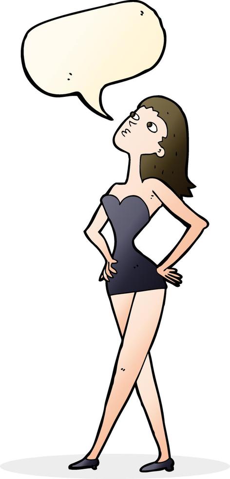 caricatura, mujer, en, vestido de fiesta, con, burbuja del discurso vector