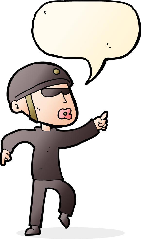 cartoon man in bike helmet pointing with speech bubble vector