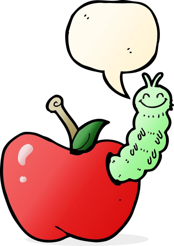 insecto de dibujos animados comiendo manzana con burbujas de discurso vector