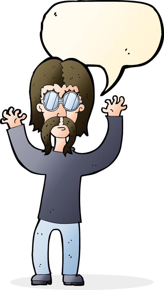 cartoon hippie man waving arms with speech bubble vector