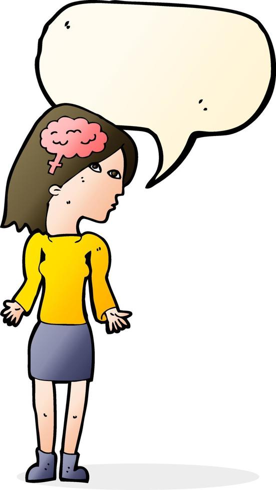 cartoon clever woman shrugging shoulders with speech bubble vector