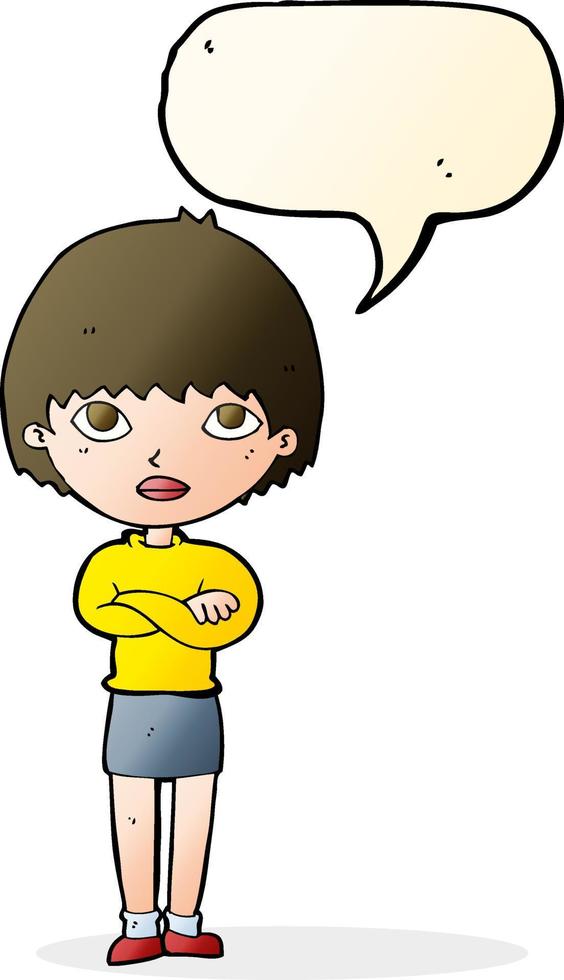cartoon woman with crossed arms with speech bubble vector