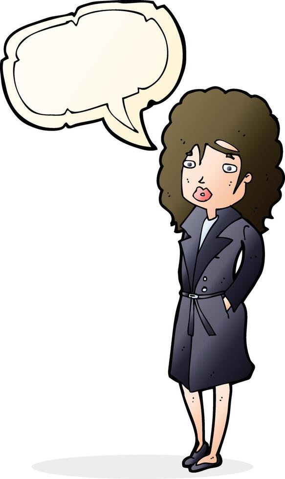 cartoon woman in trench coat with speech bubble vector