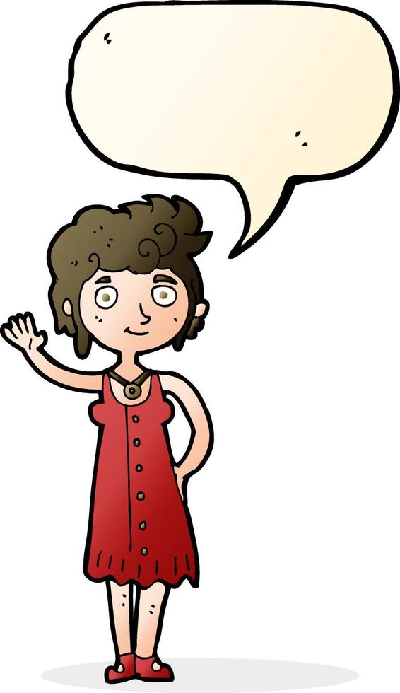 cartoon hippie woman waving with speech bubble vector