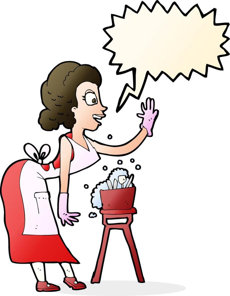 cartoon housewife washing up with speech bubble vector