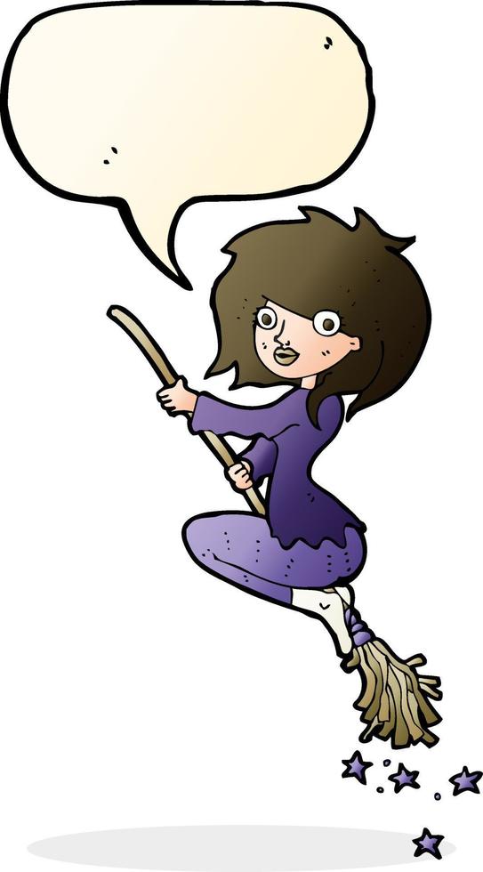 cartoon witch riding broomstick with speech bubble vector