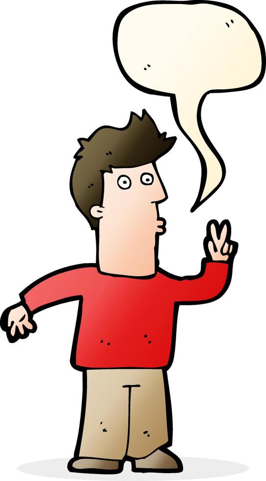 cartoon man giving peace sign with speech bubble vector