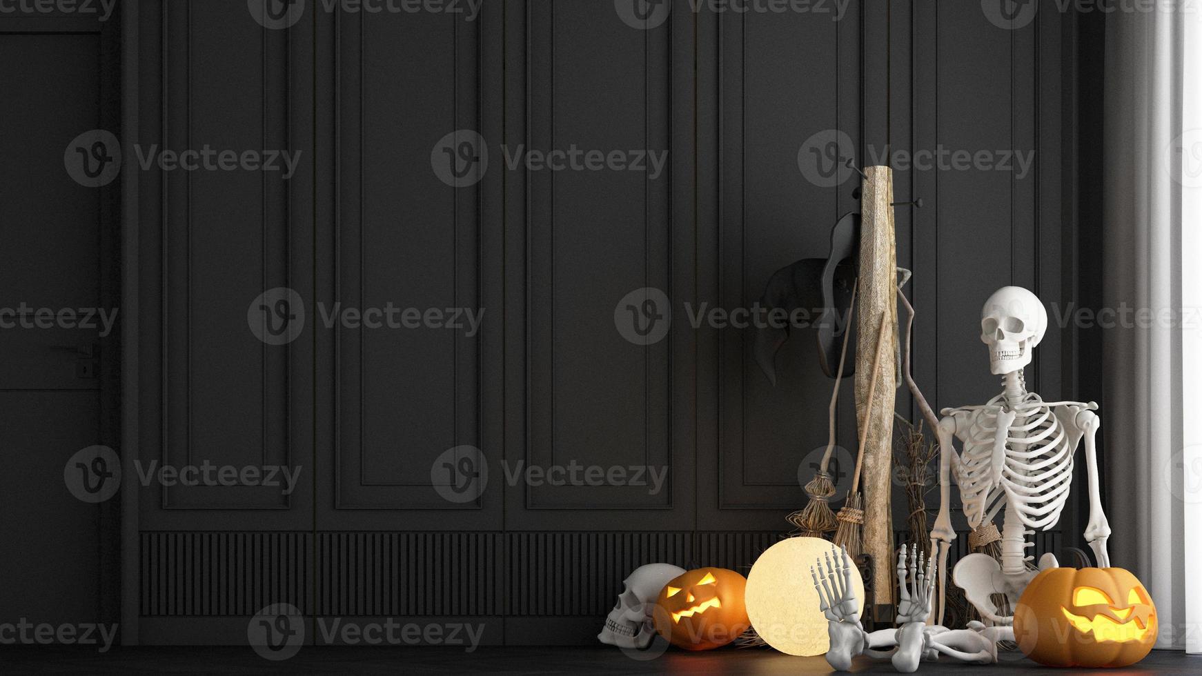 Halloween party poster in a modern classic haunted house bedroom with jack-o'-lantern pumpkins. Full moon lamps, witches' cauldrons, spider webs and skulls on the floor. 3d rendering illustration photo