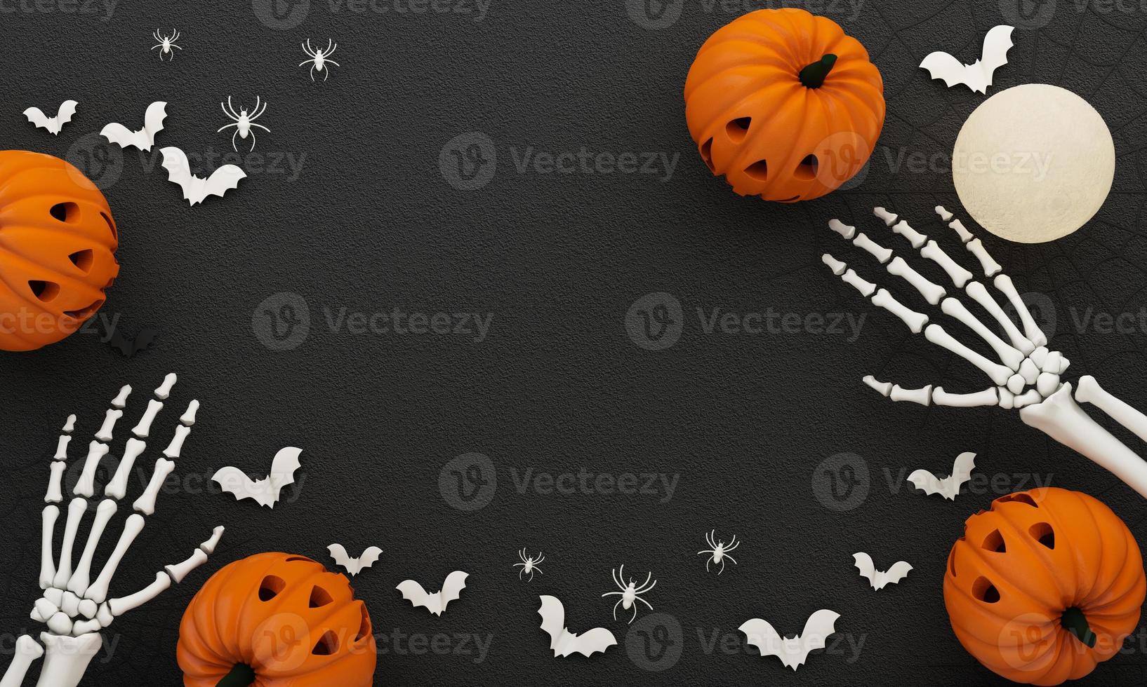 Happy Halloween party posters with spider web bat with pumpkins in cartoon illustration. Full moon and boo ghost with human hand and head skeleton. concrete texture top view background. 3d rendering photo