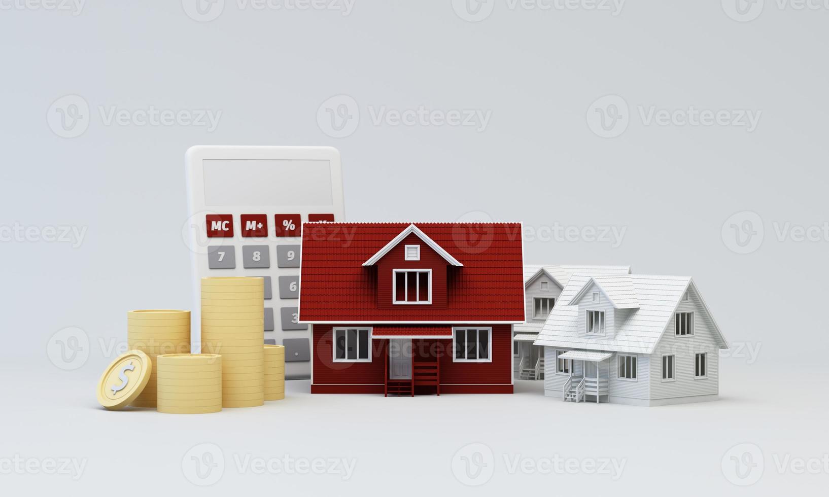 Real estate property investment or insurance. Home mortgage loan rate. Saving money for retirement concept. Coin stack on banknotes with color house model with calculator. 3d rendering illustration photo