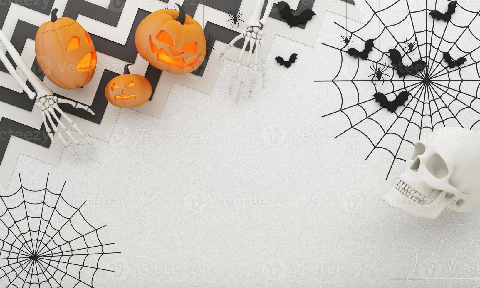 carteles de fiesta de halloween feliz con murciélago de telaraña con calabazas en ilustración de dibujos animados. fantasma de luna llena y abucheo con mano humana y esqueleto de cabeza. fondo de vista superior de textura de hormigón. representación 3d foto