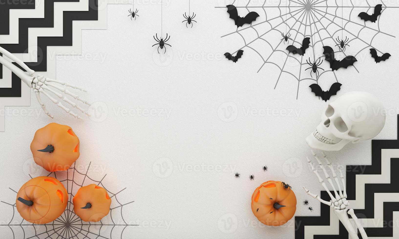 carteles de fiesta de halloween feliz con murciélago de telaraña con calabazas en ilustración de dibujos animados. fantasma de luna llena y abucheo con mano humana y esqueleto de cabeza. fondo de vista superior de textura de hormigón. representación 3d foto