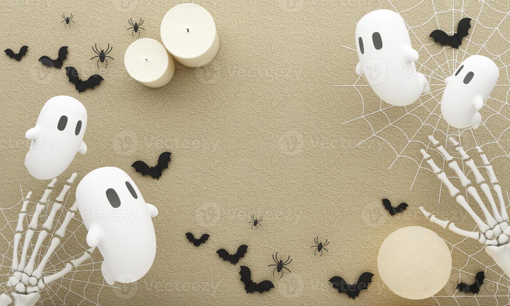 carteles de fiesta de halloween feliz con murciélago de telaraña con calabazas en ilustración de dibujos animados. fantasma de luna llena y abucheo con mano humana y esqueleto de cabeza. fondo de vista superior de textura de hormigón. representación 3d foto