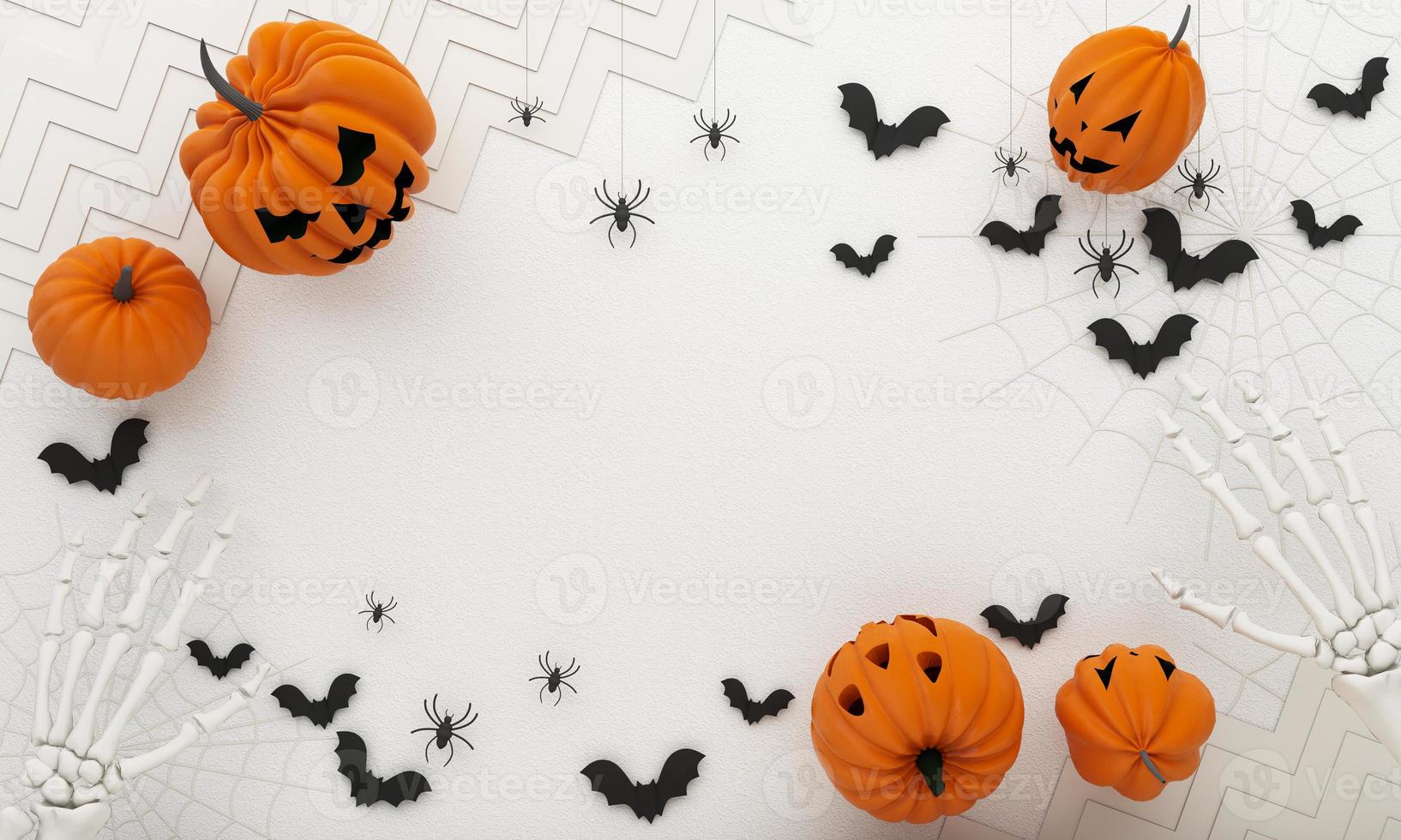 carteles de fiesta de halloween feliz con murciélago de telaraña con calabazas en ilustración de dibujos animados. fantasma de luna llena y abucheo con mano humana y esqueleto de cabeza. fondo de vista superior de textura de hormigón. representación 3d foto