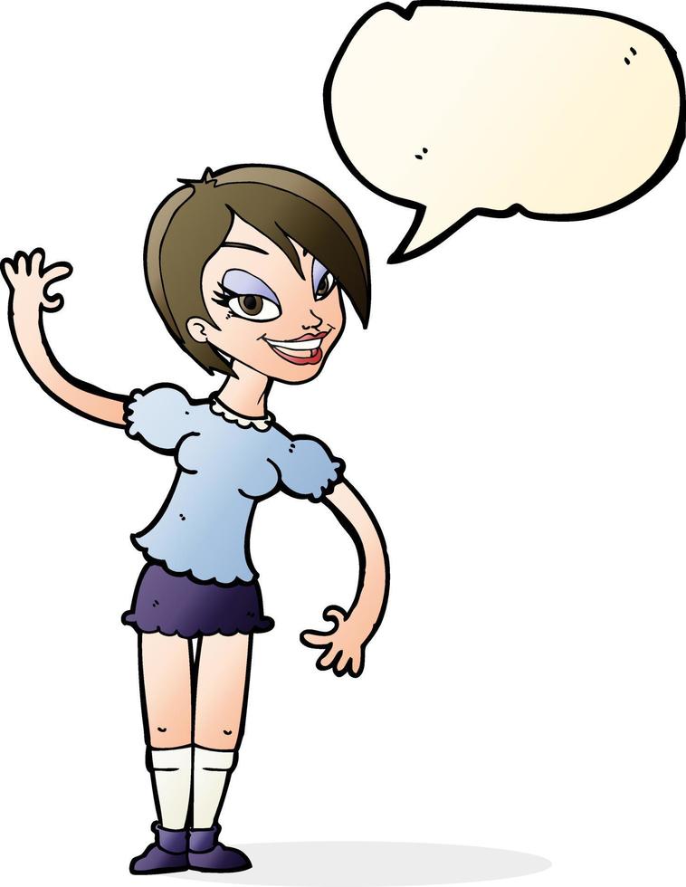chica de dibujos animados saludando con burbujas de discurso vector