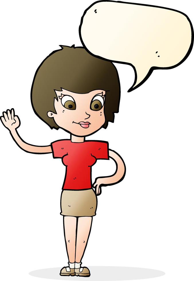 cartoon woman waving with speech bubble vector