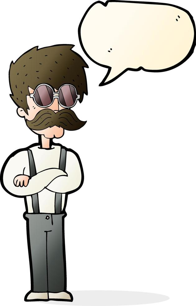 caricatura, hipster, hombre, con, bigote, y, anteojos, con, burbuja del discurso vector