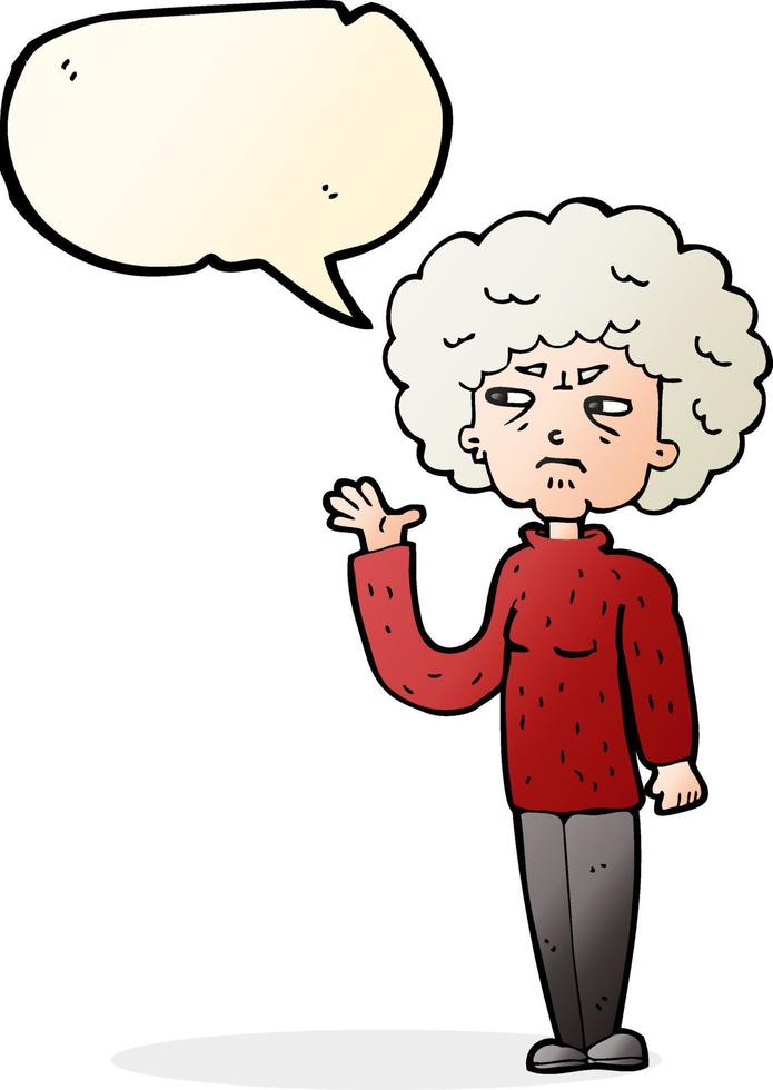 cartoon annoyed old woman waving with speech bubble vector