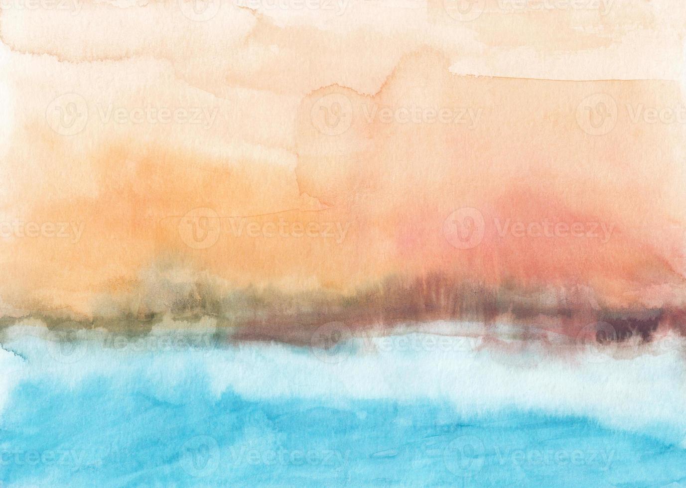 Watercolor pastel orange and blue background texture. Abstract watercolour landscape. Stains on paper, hand painted. photo