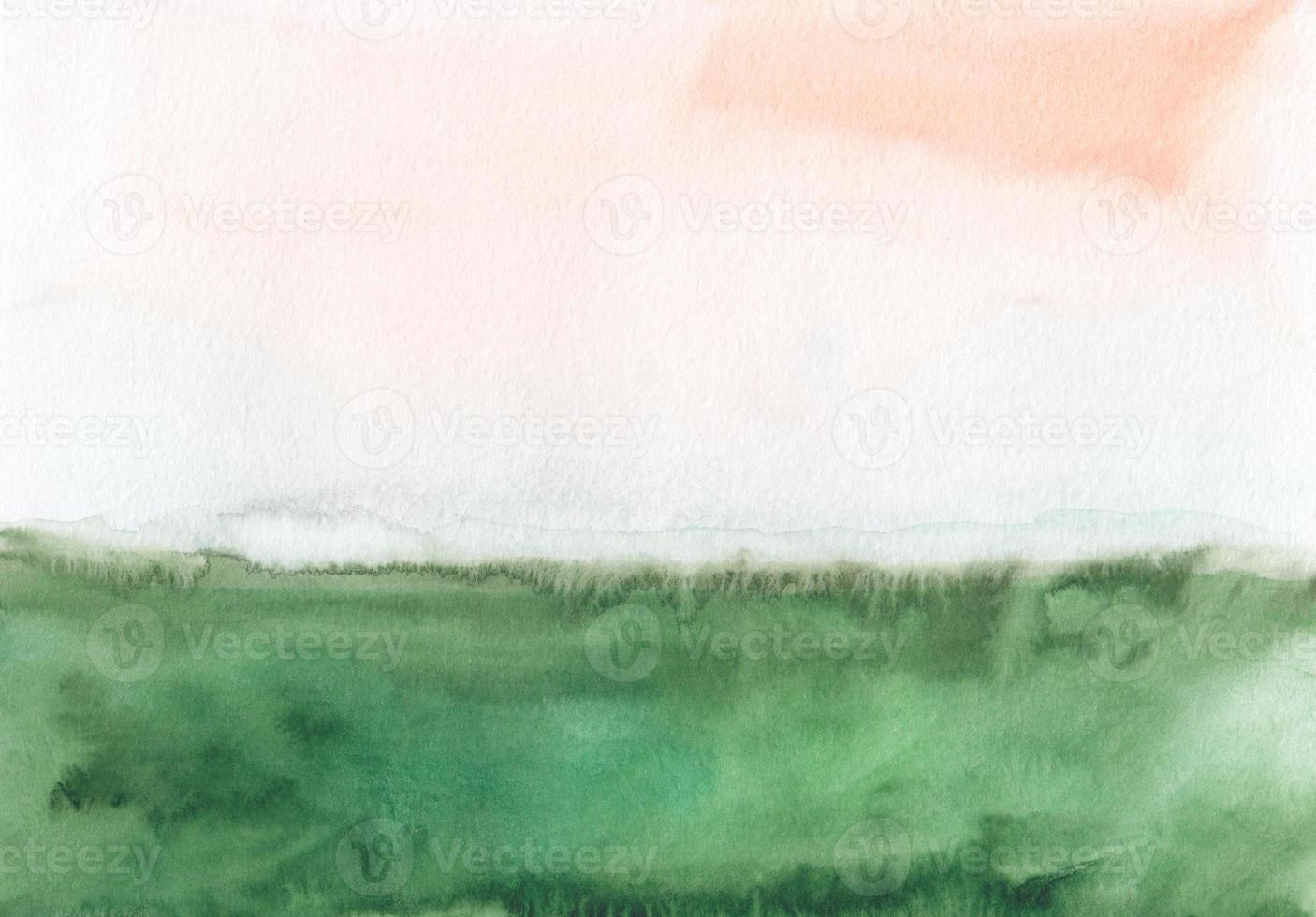 Watercolor orange and green background texture. Abstract watercolour landscape. Stains on paper, hand painted. Minimalist backdrop photo