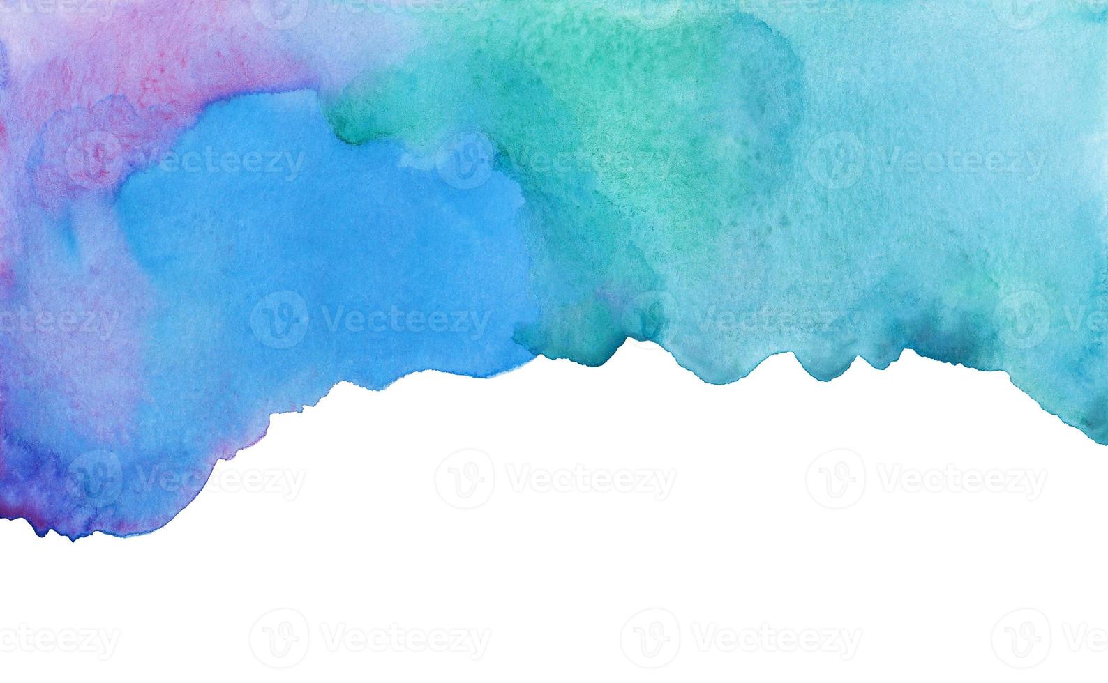 Watercolor blue, purple, green background texture. Colorful stains on paper, hand painted border. photo