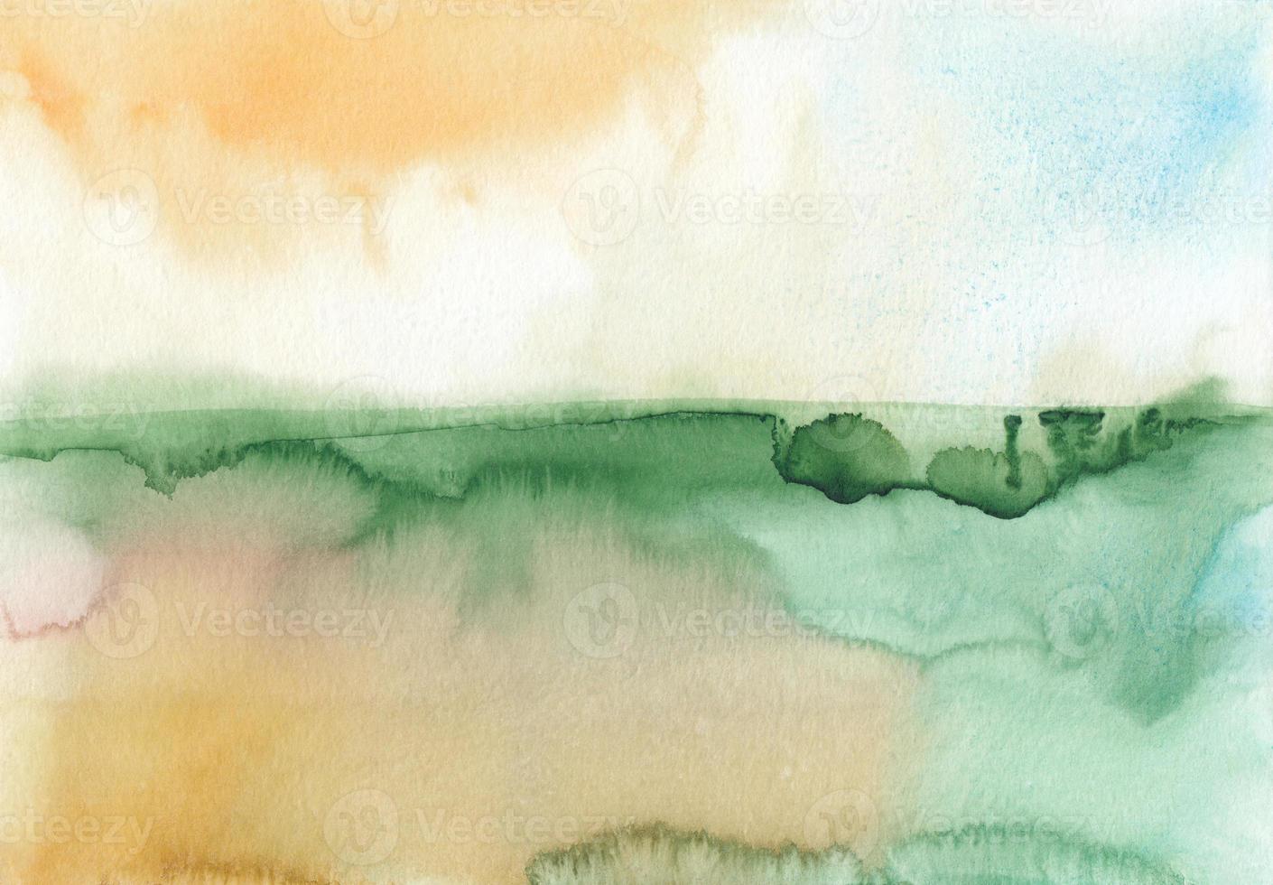 Watercolor orange and green background texture. Abstract watercolour landscape. Stains on paper, hand painted. photo