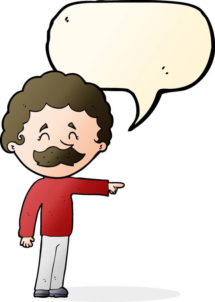 caricatura, hombre, con, bigote, señalar, con, burbuja del discurso vector